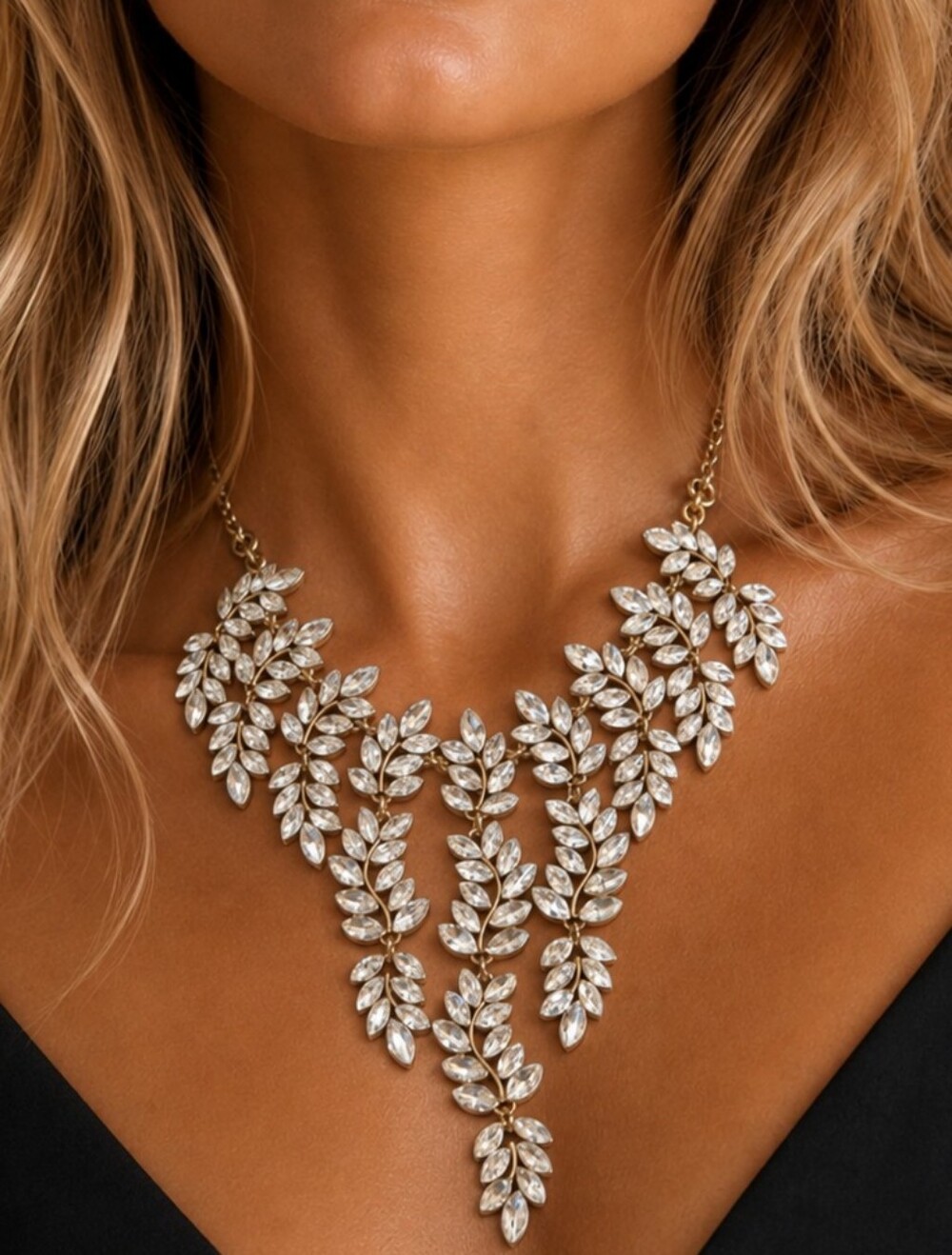 Vintage Crystal Leaf Statement Necklace Antique Gold Tone
